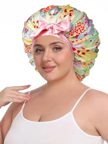 Vettres Double Layer Satin Bonnet for Sleeping with Detachable Eye Mask Adjustable Night Cap for Curly, Natural, Braided Hair Reduces Frizz & Locks in Moisture Yellow Strawberry - Thumbnail 3