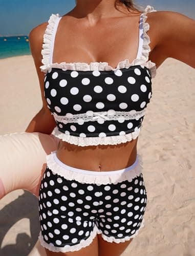 ZAFUL Womens High Waisted Bikini Sets 2 Piece Plaid Ruffle Swimsuits Back Strap Top with High Waisted Shorts Bathing Suit Black Polka Dots XL - Thumbnail 2
