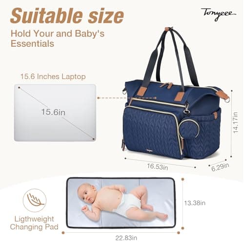 Tonyeee Diaper Bag Tote, Large Baby Diaper Bags Waterproof, Hospital Bag for Labor Delivery with Pacifier Case, Changing Pad, Shoulder Strap, Dark Blue - Thumbnail 5