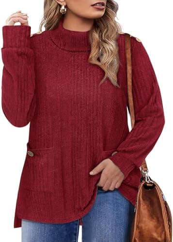 Amrto Womens Plus Size Sweaters Burgundy Sweater Tops for Curvy Long Sleeve Mock Neck with Pocket Button Up formal Retro Dressy Casual Western Elegant Classy Evening Snow Travel Trip Vacation Holiday - Image 1