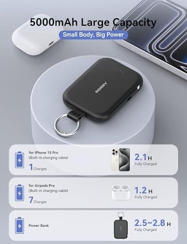 RORRY Portable Charger, 5000mAh Portable Charger Power Bank with Built-in Cables, Travel Keychain Charger Battery Pack for iPhone 17/16/15/14/13/12, for AirPods 2/3/4/Pro, Black - Thumbnail 3