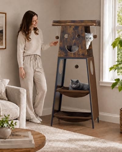 Feliskyn Modern Wood Cat Tree for Indoor Cats, 56 Inch Tall Cat Tower with Hammock, Multi-Level Trees with Perch Bed, 2 Hammock, Cat Condo, Scratching Board, Removable Pad, Cat Furniture, Rustic Brown - Thumbnail 4