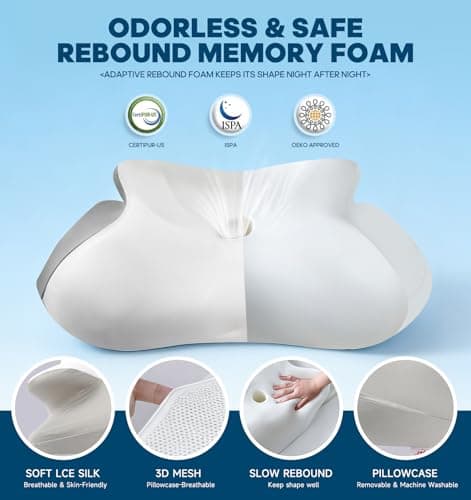 Cervical Neck Pillow – Ergonomic Contoured Memory Foam Pillow for Neck & Shoulder Pain Relief, Dual-Height Spine Alignment for Side, Back & Stomach Sleepers, Cooling Ice Silk Pillowcase – Queen - Thumbnail 2