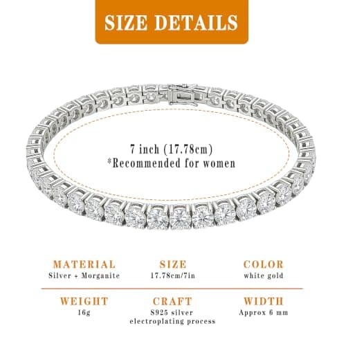 Moissanite Tennis Bracelet For Women,Women's Tennis Bracelets,Round Cut D-Color VVS1 Platinum Plated Silver Bracelet,Hypoallergenic Bezel 7 Ins, Ice Crystal Sparkling,Exquisite Jewelry,with Gift Box,Ideal Gift for Wife/Her (7 Inches) - Thumbnail 5