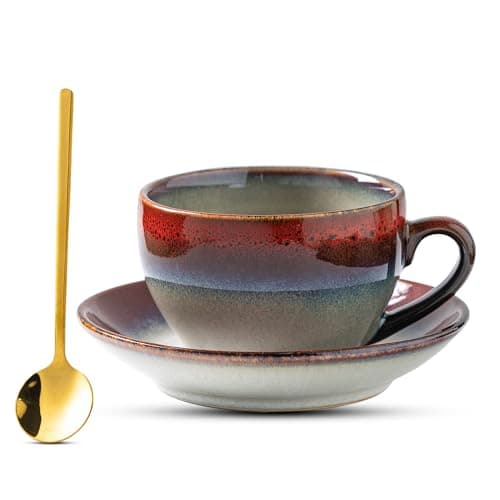 Tvvtuww Porcelain Coffee Cup with Saucer Spoon Set, Vintage Design Ceramic Latte Art Cappuccino Barista Espresso Tea Cup with Saucer (11.6 oz, 350ml, Ink red) - Image 1