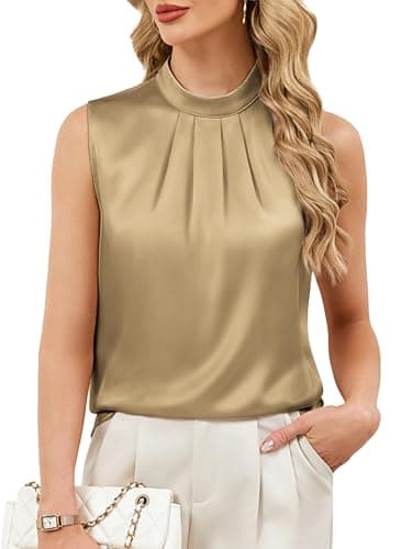 Funlingo Satin Camisole for Women Summer Dressy Casual Blouses Mock Neck Basic Tops Sleeveless Winter Date Night Undershirt Khaki S - Image 1