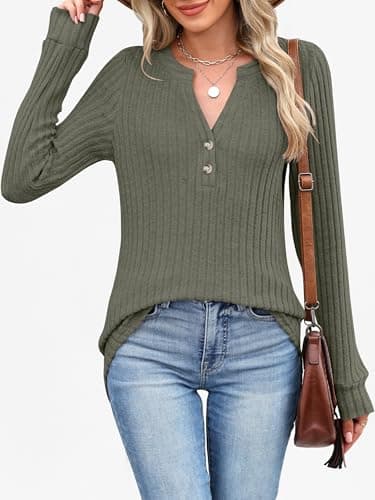 ANRABESS Womens Long Sleeve Henley Shirts 2026 Fall Tunic Tops Ribbed Knit Lightweight Sweaters Dressy Casual Blouse Outfits Deep Green Medium - Thumbnail 6