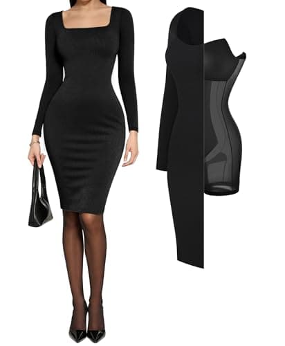 Popilush Petite Cocktail Black Dress Long Sleeve Square Neck Midi Dress Shapewear Tummy Control Bodycon Dress for Party Evening Built in Bra Small - Image 1