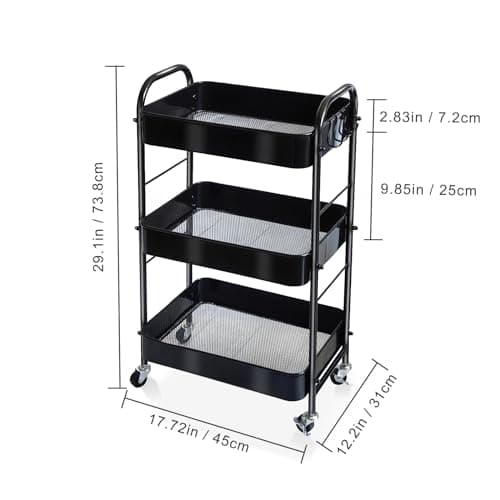 SUNLPH 3-Tier Rolling Utility Cart with Stopper Caster Wheels and 4 Hooks, Easy Assembly, for Kitchen, Bathroom, Living Room, Office (17.7”L x 12.2”W x 29.1”H, Black) - Thumbnail 2