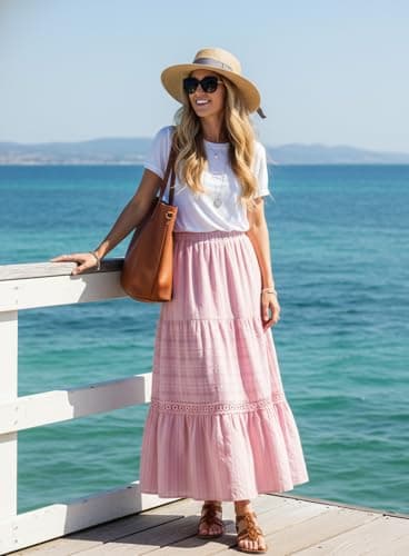 BLENCOT Women's Boho Tiered Maxi Skirt Cotton Gypsy Hippie Style Crochet Lace Long Skirts for Women Vacation and Beach Pink 2X-Large - Thumbnail 4