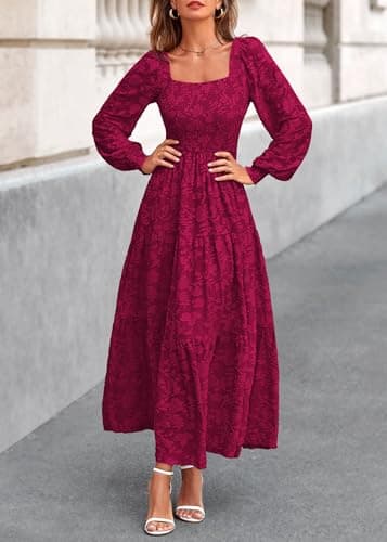 KIRUNDO Wedding Guest Dresses for Women 2026 Fall Long Sleeve Smocked Floral Flowy Spring Baby Shower Maxi Dress Pockets (Burgundy, Medium) - Thumbnail 4