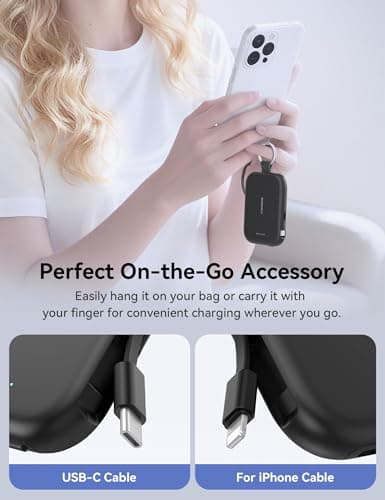 RORRY Portable Charger, 5000mAh Portable Charger Power Bank with Built-in Cables, Travel Keychain Charger Battery Pack for iPhone 17/16/15/14/13/12, for AirPods 2/3/4/Pro, Black - Thumbnail 2