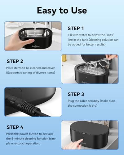 JeaTone Ultrasonic Jewelry Cleaner, 46KHz Professional Ultrasonic Cleaning Machine for Rings, Eyeglasses, Retainers, Dentures & Watches, 20oz Stainless Steel Sonic Cleaner Pod (Black) - Thumbnail 6