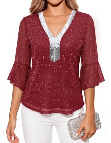 DRESSTELLS Women Sequin Sparkly 3/4 Sleeve Tops Plus Size Blouses Red 3XL - Image 1