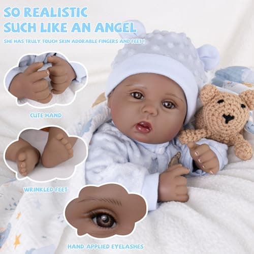 Milidool Black Reborn Baby Dolls Boy 18 Inch Lifelike Black Silicone Baby Dolls that Look Real African American Newborn Boy Dolls Realistic Baby Doll with Bear Clothes Gift Set for Ages 3+ - Thumbnail 4
