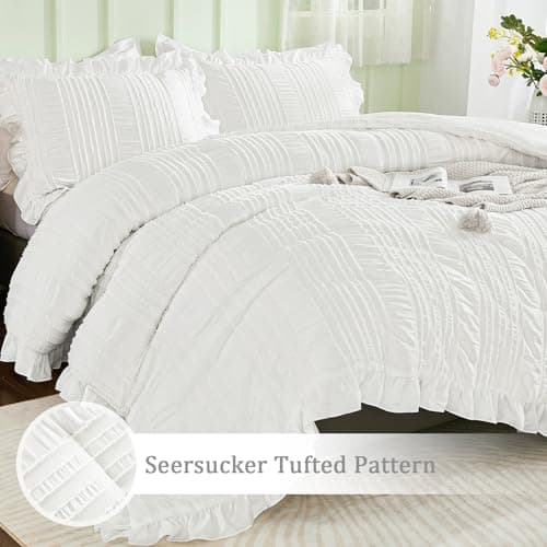 WONGS BEDDING White Queen Comforter Set,Boho Ruffle Comforter for Queen Bed,Soft Seersucker Shabby Chic Bedding Set with 1 Comforter,2 Tufted Pillowcases 90"×90" - Thumbnail 5