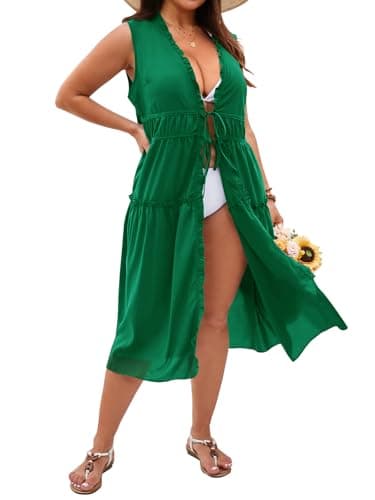 Yousify Womens Plus Size Swimsuit Long Cover Up Chiffon Bikini Coverups Kimono Tie Front Bathing Suit Beachwear Green - Thumbnail 5