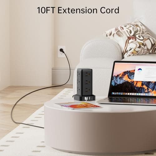 Extension Cord with Multiple Outlets, SMALLRT Surge Protector Tower, PD 20W USB C, Power Strip with USB Ports 12 AC Outlets, 10FT Outlet Extender for Home Dorm, Office Supplies, Overload Protection - Thumbnail 4