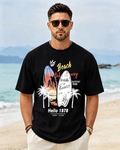 Mens Graphic T-Shirts Short Sleeve Surf Print Summer Top Crewneck Cotton Casual WAVERIDER Tees for Men - Thumbnail 2