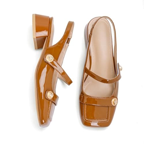 Brown Slingback Mary Jane Heels for Women Square Toe Pump Shoes Low Block Chunky Heel Closed Toe Heels Classic Daily Office Dressy Church Shoes Size 9 - Thumbnail 5