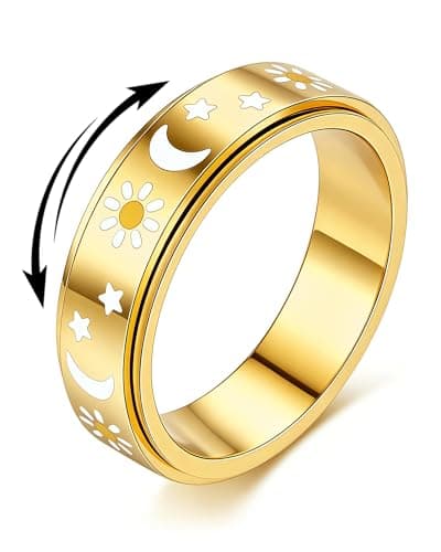 OreilleStar Fidget Toys Adults Ring for Women - Anxiety Stress Relief Items Quiet Spinner Gift for Birthday Sun Moon Star Rotating Jewelry Stainless Steel Gold Plated Size 7