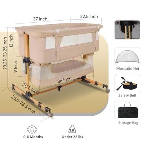 cutebeams Baby Bassinet, 4 in 1 Bedside Bassinet for Baby, Rocking Bassinet with Mattress and Mosquito Net, 5-Height Adjustable, Breathable Mesh (Pink) - Thumbnail 2
