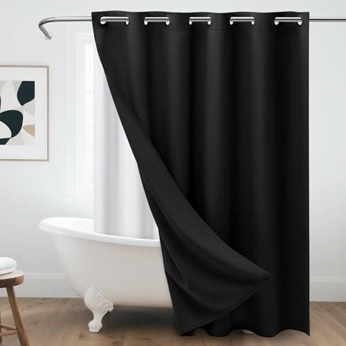 PILOTSHARK No Hook Waffle Weave Shower Curtain with Snap-in Fabric Liner,256GSM Heavy Duty Fabric Shower Curtain Set,Black Waterproof Washable Luxury Shower Curtain for Bathroom Stall (72x75 Inch) - Image 1