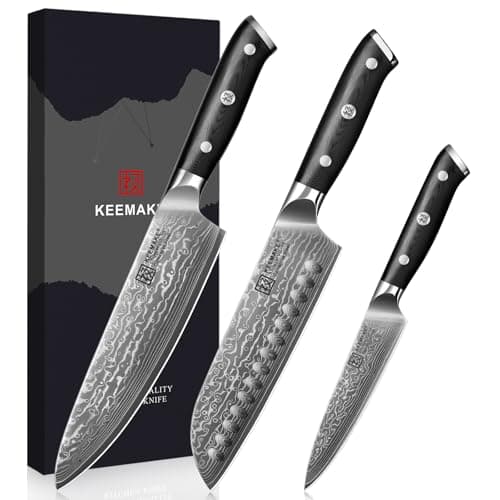 KEEMAKE Damascus Kitchen Knife Set, 3 PCS Japanese Knife Sets with Full Tang Ergonomic Handle, 67 Layers Damascus Chef Knives, Gift Box for Men Husband