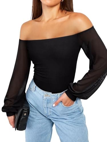 REORIA Womens Going Out Off The Shoulder Sheer Mesh Puff Long Sleeve Thong Bodysuit Tops Black Medium - Thumbnail 2