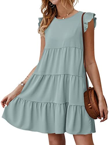 KIRUNDO Women's Dresses 2026 Spring Summer Casual Sleeveless Ruffle Round Neck Solid Loose Short Flowy Tiered Mini Babydoll Dress (Grey Green, Large) - Image 1