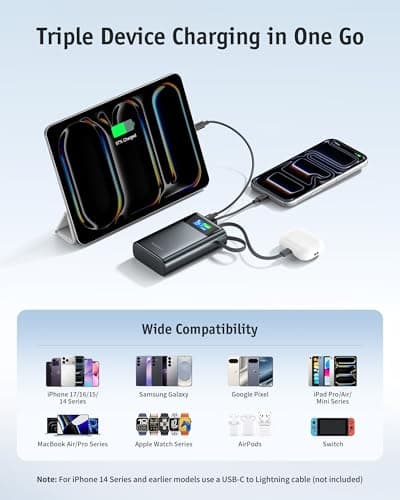 RORRY 45W Portable Charger, 20000mAh Power Bank Fast Charging with Extended Built-in USB C Cable, Travel Battery Pack for iPhone 17/16/15, Samsung Galaxy, Google, iPad, MacBook, Sliver - Thumbnail 6