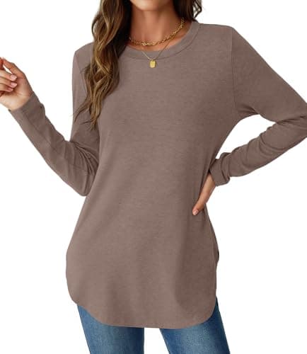 NORACORA Long Sleeve Shirts for Women Loose Fit Tunic Tops Dressy Casual Crew Neck Pullover Basic Tee Fall Outfits Clothes 2025 Coffee XL - Image 1