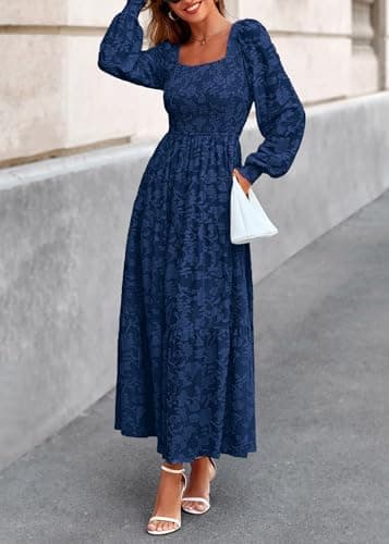 KIRUNDO Wedding Guest Dresses for Women 2026 Fall Long Sleeve Smocked Floral Flowy Spring Baby Shower Maxi Dress Pockets (Navy, X-Large) - Thumbnail 6