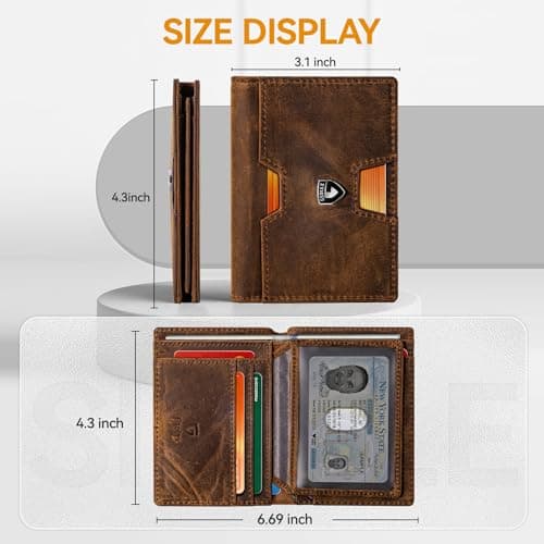 GSOIAX Slim Top Grain Premium Crazy Horse Leather Wallet for Men Bifold Handcrafted Vintage 13 Card Slots & 1 Bill Compartment RFID Blocking, Front Pocket Credit Card Holder with Gift Box (Red-brown) - Thumbnail 4