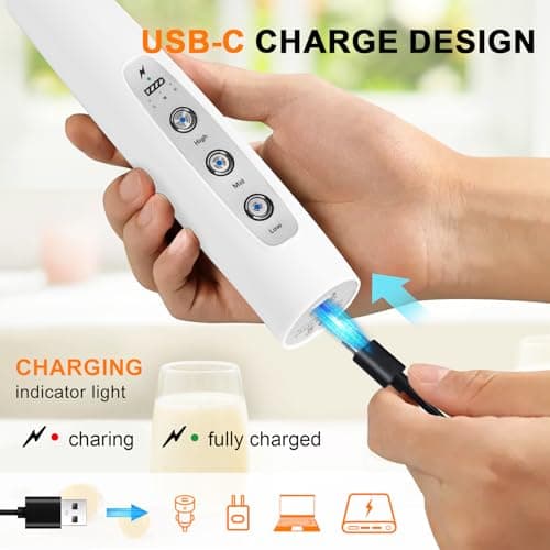 YUSWKO White Handheld Milk Frother Wand with Stand for Coffee, Rechargeable Electric Whisk with 3 Heads 3 Speeds Drink Mixer Coffee Frother For Latte, Cappuccino, Hot Chocolate, Egg - Thumbnail 2