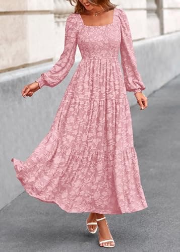 KIRUNDO Wedding Guest Dresses for Women 2026 Fall Long Sleeve Smocked Floral Flowy Spring Baby Shower Maxi Dress Pockets (Pink, XX-Large) - Thumbnail 3