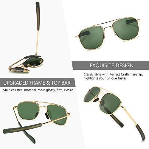 SUNGAIT Men's Military Style Polarized Pilot Aviator Sunglasses - Bayonet Temples (Gold Frame/Green Lens, 55) A285JKLV - Thumbnail 4