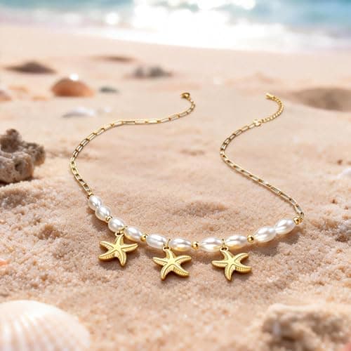 Starfish Necklace for Women: 14K Gold Plated 3-Piece Pendant with 10 Simulated Pearls on Stainless Steel Chain | Cute Boho Beach Jewelry Gift for Summer (Gold) - Thumbnail 4