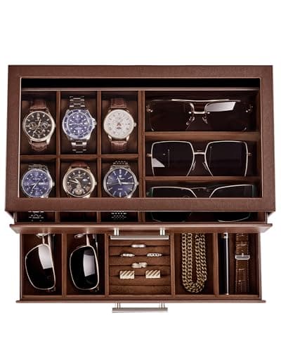 ProCase Mens Jewelry Box Pull-Out Drawer, 6 Slot Watch Case & 5 Slot Sunglasses Organizer, Fathers Day Gift for Dad, 2-Tier Leather Watch Box with Glass Display Top, Gift for Men & Women-Espresso - Thumbnail 2