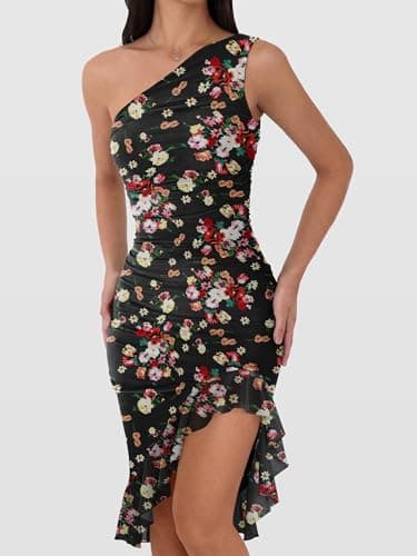 Caracilia Womens One Shoulder Dresses 2026 Summer Bodycon Ruched Mesh Cocktail Party Wedding Guest Sexy Night Club Midi Dress Floral Black Small - Thumbnail 4