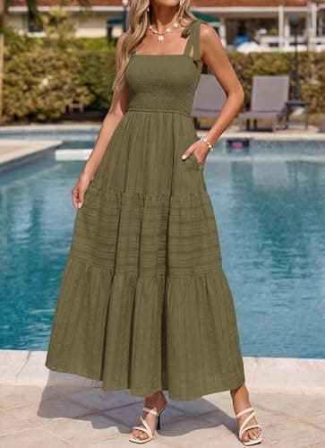 BTFBM Women's 2026 Spring Boho Spaghetti Strap Dress Casual Sleeveless Smocked A Line Beach Sundress Long Maxi Dresses(Army Green, Large) - Thumbnail 2