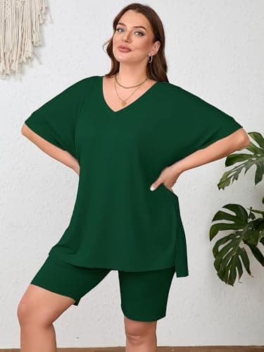 AusLook Women's Plus size 2 Piece Short Outfits Set Short Sleeve Tops and Shorts Pants Dark Green 5X Casual Comfy Soft Ladies Short Sleepwear Lounge Pajama Matching Set - Thumbnail 5