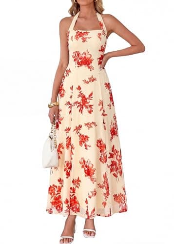 KIRUNDO Women's Summer Sleeveless Halter Floral Maxi Dress 2026 Beach Wedding Guest Cocktail Mesh Flowy A Line Long Sundress(Apricot, Medium) - Image 1