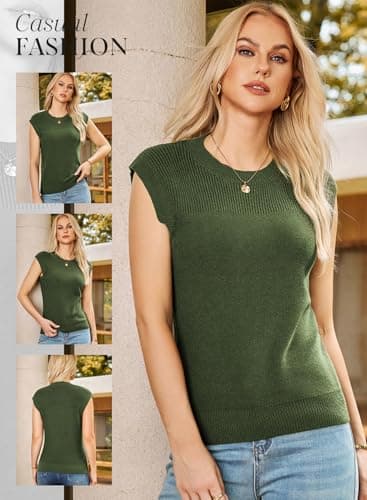 Dokotoo Tank Tops for Women Crewneck Shirts Blouses Tops Solid Sleeveless Sweaters for Women Fashion Business Spring Clothes Womens Sweaters Ribbed Knit Pullover Sweater Vest Green Small - Thumbnail 4