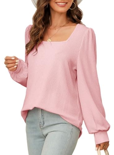 Dokotoo Womens Shirts Fall Casual Long Sleeve Square Neck Solid Pullover Ladies Waffle Striped Knitted Sweatshirt Womens Clothes Autumn Winter Tunics Blouses Pink Large - Image 1
