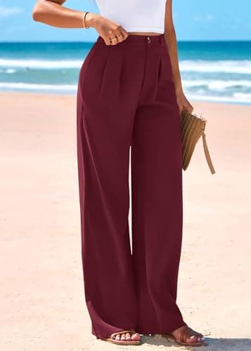 KIRUNDO Wide Leg Dress Pants for Women High Waisted Office Work Trousers Business Casual Slacks Button Flowy Palazzo Pant(Burgundy, XX-Large) - Thumbnail 5
