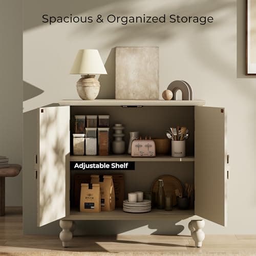Furnivado Buffet Cabinet with Storage, Accent Cabinet with 2 Carved Doors, Solid Wood Sideboard with Adjustable Shelf, Vintage Cabinets for Kitchen, Living Room, Entryway, Beige - Thumbnail 4