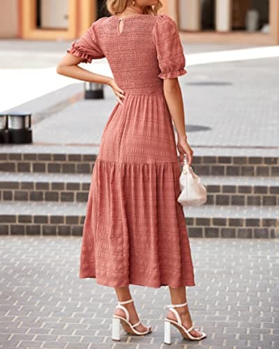 dowerme Womens Summer Dresses 2025 Casual Puff Short Sleeve Crewneck Smocked Flowy Ruffle Boho Beach Party Maxi Sundress(Bean Paste Pink,X-Large) - Thumbnail 5