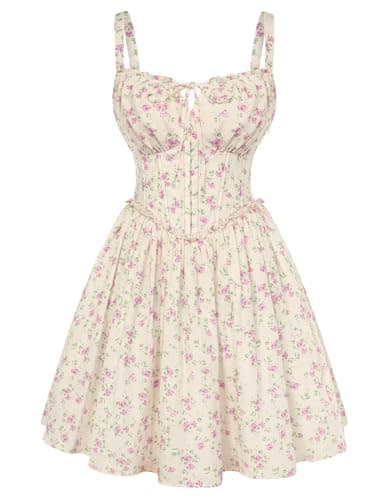 Scarlet Darkness Floral Corset Dress for Women 2026 Summer Sundress Lace Up Mini Milkmaid Dresses with Pockets - Image 1