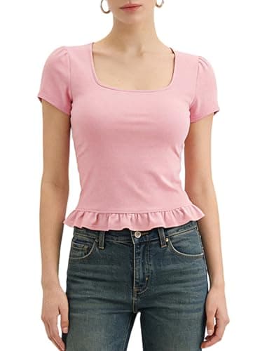 Belle Poque 2026 Summer Cute Tops for Women Pink Short Sleeve Crop Tops Square Neck Ruffle Hem T Shirts XXL - Thumbnail 6